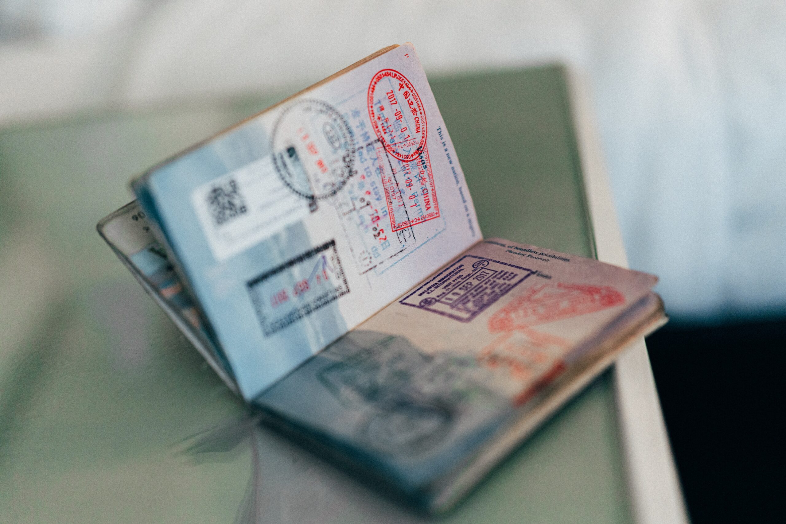 Open passport with multiple visa stamps on the pages